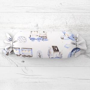 Biante Dětský polštář válec bonbon Sandra SA-690 Modré vláčky s letadýlky na bílém 15x40 cm