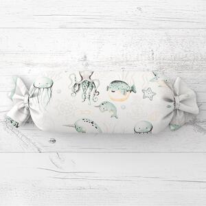 Biante Dětský polštář válec bonbon Sandra SA-688 Mořský svět zelený na bílém 15x40 cm