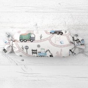 Biante Dětský polštář válec bonbon Sandra SA-687 Modro-zelená auta a bagry na bílém 15x40 cm