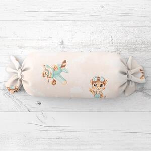 Biante Dětský polštář válec bonbon Sandra SA-686 Lvíčata s letadýlky na světle béžovém 15x40 cm