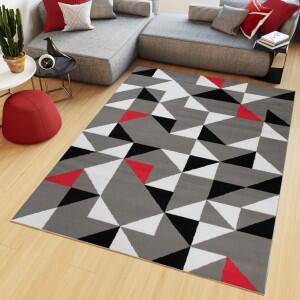 Makro Abra Kusový koberec moderní MAYA Z896D Trojúhelníky šedý červený Rozměr: 200x200 cm