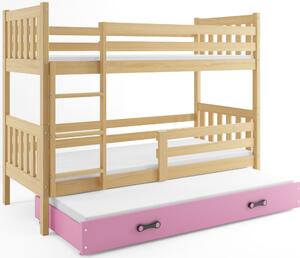 Dětská patrová postel Carino – 3 sosoby 80x190 s výsuvnou přistýlkou – Borovice, Růžová