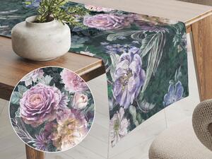Biante Dekorační běhoun na stůl BM-010 Velké fialové květy na tmavě zeleném 35x180 cm