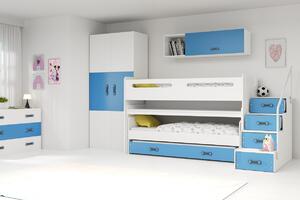 Dětská patrová postel Romana 1 - 3 osoby – bílá - modrá, 80x200 s přistýlkou