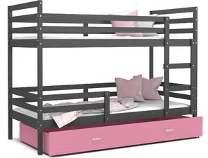 BabyBeds Dětská patrová postel s úložným prostorem HONZA šedá Velikost postele: 190x80 cm, Barva šuplíku: Růžová