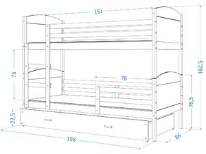 BabyBeds Dětská patrová postel s úložným prostorem MATYÁŠ borovice Velikost postele: 190x80 cm, Barva šuplíku: Bílá