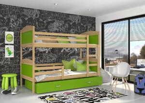 BabyBeds Dětská patrová postel s úložným prostorem MATYÁŠ borovice Velikost postele: 200x90 cm, Barva šuplíku: Zelená
