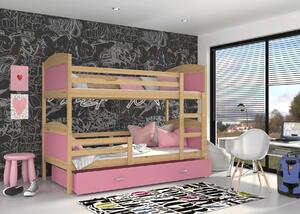 BabyBeds Dětská patrová postel s úložným prostorem MATYÁŠ borovice Velikost postele: 200x90 cm, Barva šuplíku: Růžová