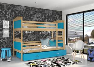 BabyBeds Dětská patrová postel s úložným prostorem MATYÁŠ borovice Velikost postele: 200x90 cm, Barva šuplíku: Modrá