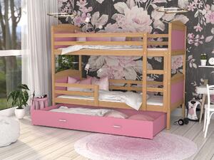 BabyBeds Dětská patrová postel s úložným prostorem MATYÁŠ olše Velikost postele: 190x80 cm, Barva šuplíku: Růžová