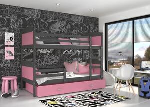 BabyBeds Dětská patrová postel s úložným prostorem MATYÁŠ šedá Velikost postele: 190x80 cm, Barva šuplíku: Růžová