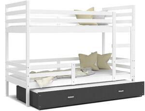 BabyBeds Dětská patrová postel s přistýlkou HONZA bílá Velikost postele: 190x80 cm, Barva šuplíku: Grafit