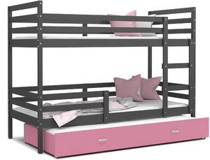 BabyBeds Dětská patrová postel s přistýlkou HONZA šedá Velikost postele: 190x80 cm, Barva šuplíku: Růžová