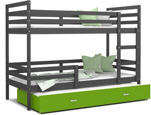 BabyBeds Dětská patrová postel s přistýlkou HONZA šedá Velikost postele: 190x80 cm, Barva šuplíku: Zelená