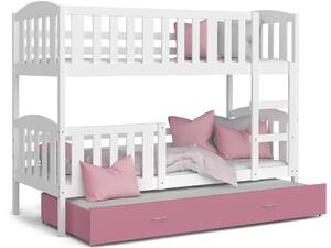 BabyBeds Dětská patrová postel s přistýlkou KUBA bílá Velikost postele: 200x90 cm, Barva šuplíku: Růžová