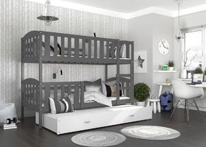 BabyBeds Dětská patrová postel s přistýlkou KUBA šedá Velikost postele: 190x80 cm, Barva šuplíku: Bílá