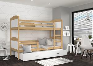 BabyBeds Dětská patrová postel s přistýlkou MATYÁŠ borovice Velikost postele: 190x80 cm, Barva šuplíku: Bílá