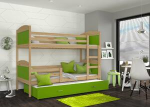 BabyBeds Dětská patrová postel s přistýlkou MATYÁŠ borovice Velikost postele: 190x80 cm, Barva šuplíku: Zelená