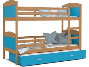 BabyBeds Dětská patrová postel s přistýlkou MATYÁŠ olše Velikost postele: 190x80 cm, Barva šuplíku: Modrá