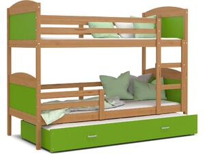 BabyBeds Dětská patrová postel s přistýlkou MATYÁŠ olše Velikost postele: 190x80 cm, Barva šuplíku: Zelená