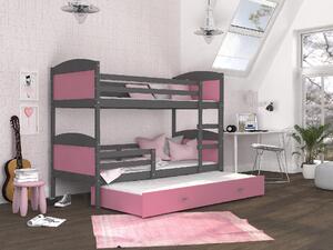 BabyBeds Dětská patrová postel s přistýlkou MATYÁŠ šedá Velikost postele: 190x80 cm, Barva šuplíku: Bílá