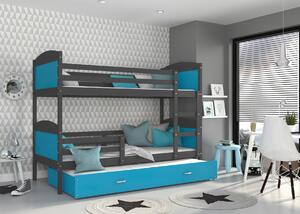 BabyBeds Dětská patrová postel s přistýlkou MATYÁŠ šedá Velikost postele: 190x80 cm, Barva šuplíku: Modrá