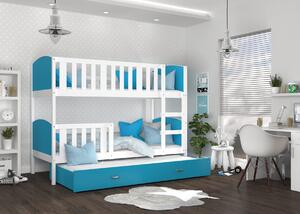 BabyBeds Dětská patrová postel s přistýlkou TAMI bílá Velikost postele: 190x80 cm, Barva šuplíku: Zelená