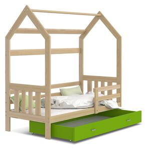 BabyBeds Dětská postel domeček se zábranou a úložným prostorem borovice Velikost postele: 160x80 cm, Barva šuplíku: Zelená