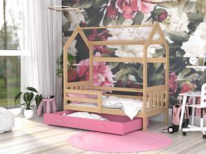 BabyBeds Dětská postel domeček se zábranou a úložným prostorem borovice Velikost postele: 160x80 cm, Barva šuplíku: Růžová