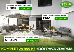 Zahradní set KOMPLET 3v1 – jídelní set, lounge set a slunečník