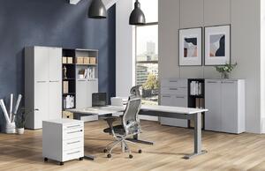Šedý rohový kancelářský stůl GEMA Leanor 160 x 193 cm se stříbrnou podnoží