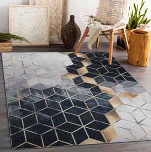 Makro Abra Kusový koberec vhodný k praní ANDRE 1171 Kostky geometrický 3D protiskluzový černý zlatý Rozměr: 80x150 cm