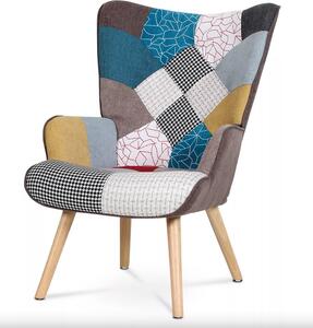 Relaxační křeslo ušák s podnožkou ALFIE – masiv, látka, patchwork