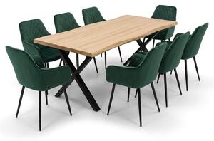 Vikio Jídelní set pro 8 osob 180x90 cm soft dub noha X zelená židle s područkami VJS228-8Z
