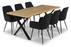 Vikio Jídelní set pro 6 osob 180x90 cm soft dub noha X černá židle s područkami VJS228-6C