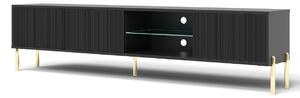 TV stolek Oslo černý, 175 cm, drážkované čelo, zlaté nožky, moderní