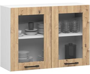 Závěsná prosklená skříňka 80 cm VERMINA - bílá / dub artisan