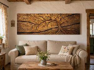 Obraz na plátně - Strom života Zemská energie, dřevo FeelHappy.cz Velikost obrazu (šířka x výška): 120 x 40 cm