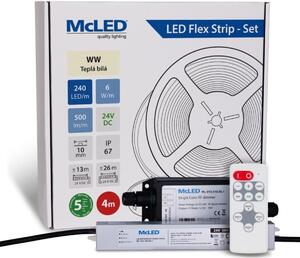 McLED LED pásek - sada 4 m + Přijímač Nano IP67, 240 LED/m, WW, 6 W/m, DC 24V, 500 lm/m, CRI90, IP67, 10 mm, vodič 3 m ML-126.034.90.S04002