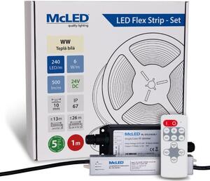 McLED LED pásek - sada 1 m + Přijímač Nano IP67, 240 LED/m, WW, 6 W/m, DC 24V, 500 lm/m, CRI90, IP67, 10 mm, vodič 3 m ML-126.034.90.S01002