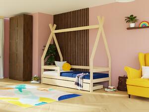 Dětská dřevěná postel SAFE 5v1 ve tvaru teepee se zábranou a úložným šuplíkem - Nelakovaná, 90x160 cm, S jednou zábranou
