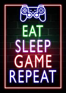 Ilustrace Eat Sleep Game Repeat-Gaming Neon Quote, (30 x 40 cm)