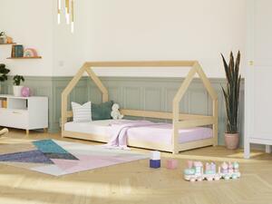 Nízká postel domeček SAFE 8v1 ze dřeva se zábranou - Nelakovaná, 90x160 cm, S otevřeným vstupem