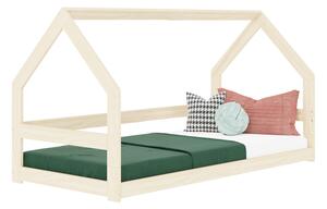 Nízká postel domeček SAFE 8v1 ze dřeva se zábranou - Nelakovaná, 90x160 cm, S otevřeným vstupem