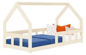 Nízká domečková postel pro děti FENCE 6v1 se zábranou - Béžová, 90x160 cm, S otevřeným vstupem