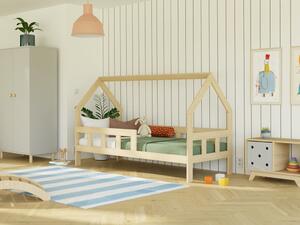 Dětská postel domeček FENCE 2v1 ze dřeva se zábranou - Nelakovaná, 90x200 cm, S jednou zábranou
