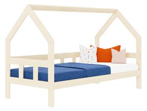 Dětská postel domeček FENCE 2v1 ze dřeva se zábranou - Nelakovaná, 120x200 cm, S otevřeným vstupem
