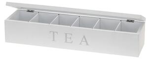 Dřevěná krabička na čaj TEA, 6 přihrádek, obdélníková, bílá