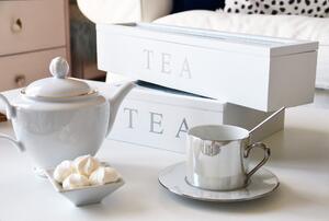 Dřevěná krabička na čaj TEA, 6 přihrádek, obdélníková, bílá