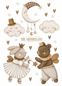 Dětská nálepka na zeď Stories from the wonderland - medvídek, zajíček, obláčky a měsíc